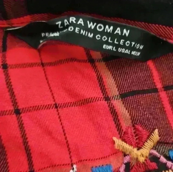 Zara Womens Red And Black Plaid Embroidered And Embellished Long Sleeve Top L - Picture 12 of 14
